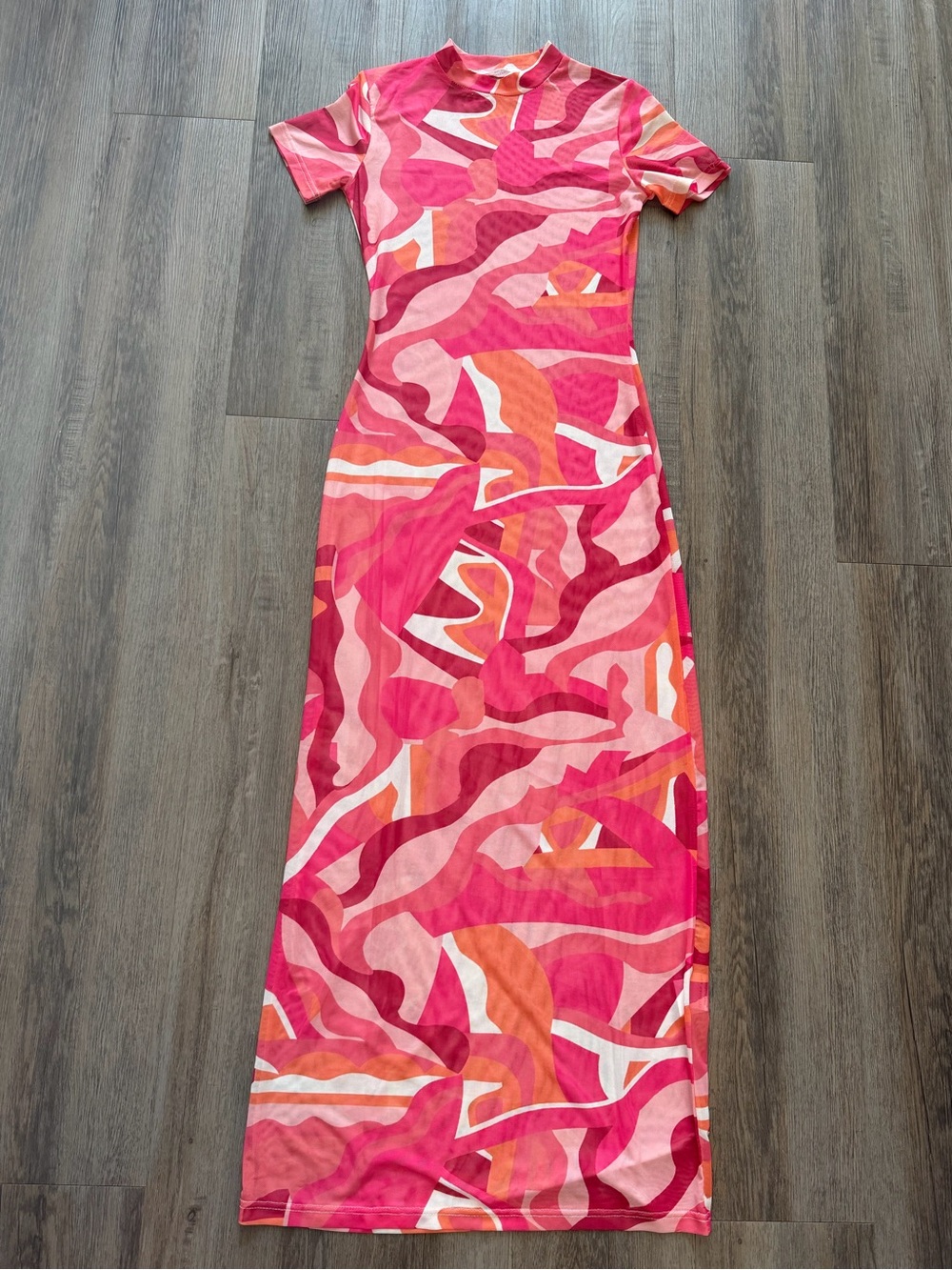 Peppermayo Pink Abstract Print Mesh Sheer Short Sleeve Bodycon Maxi Dress Size 4